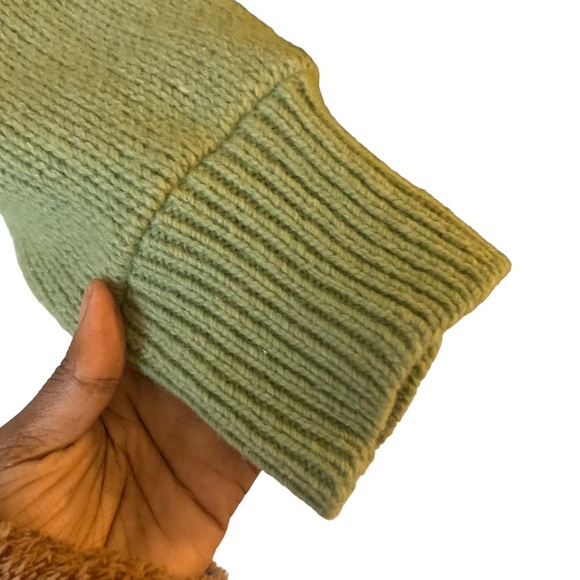 Vintage 1960s Wool Knitted Suede Front Geo Mod Cardigan Sweater Green Medium - Picture 7 of 9